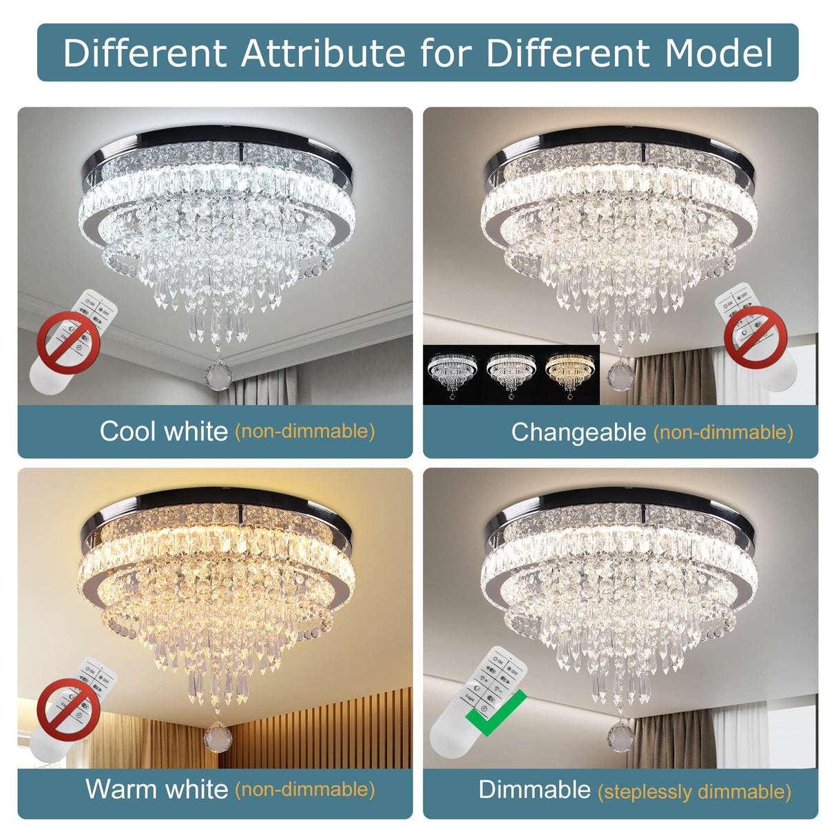 19.7" Crystal Chandeliers Crystal Ceiling Light Fixtures LED Flush Mount Light Modern