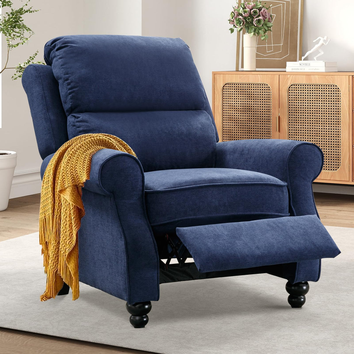 Bonzy Home Navy Blue Pushback Recliner Chair for Adults, Manual Fabric Accent Chair Recliner for Living Room Bedroom