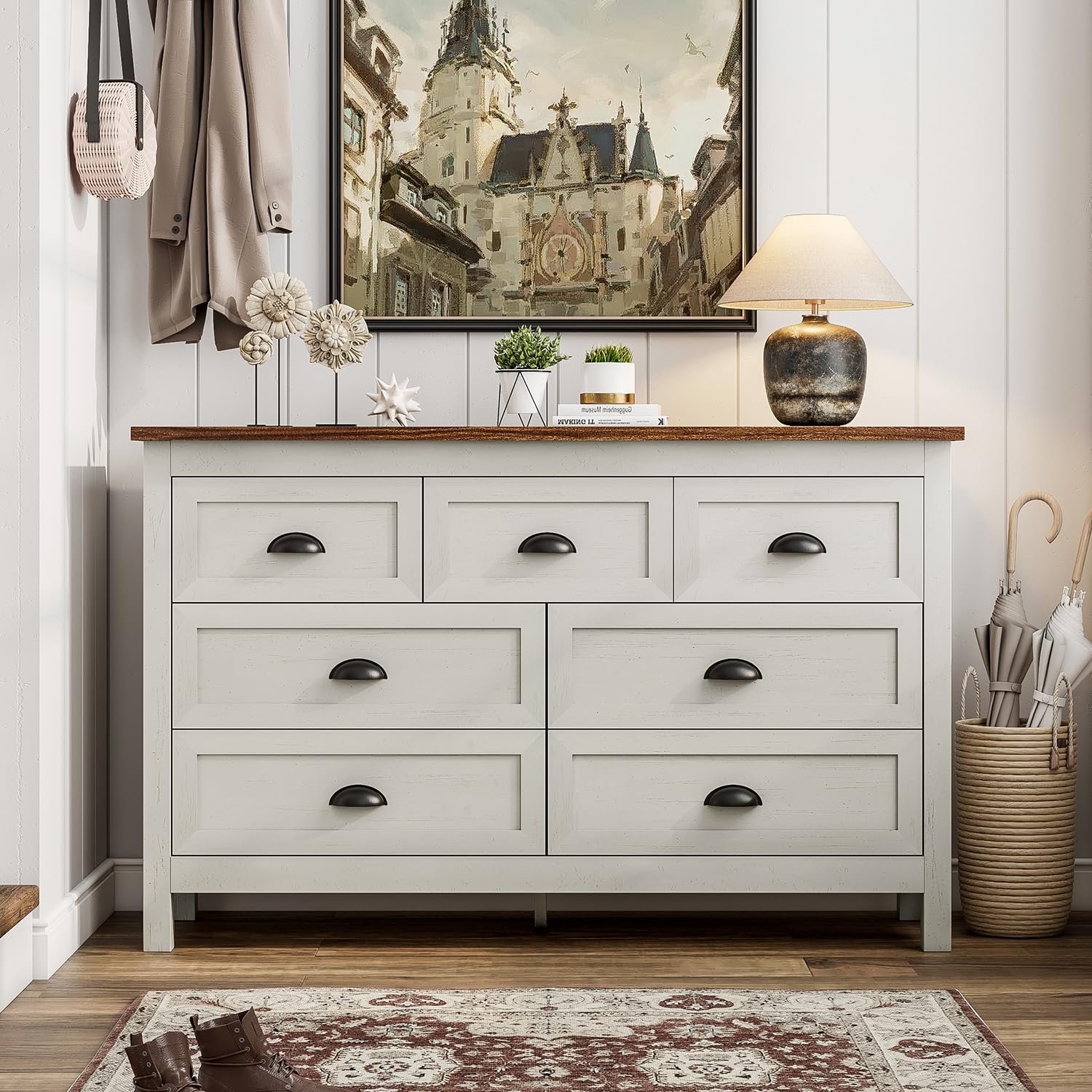 Farmhouse White Dresser for Bedroom, Vintage 7 Drawer Dresser & Chest