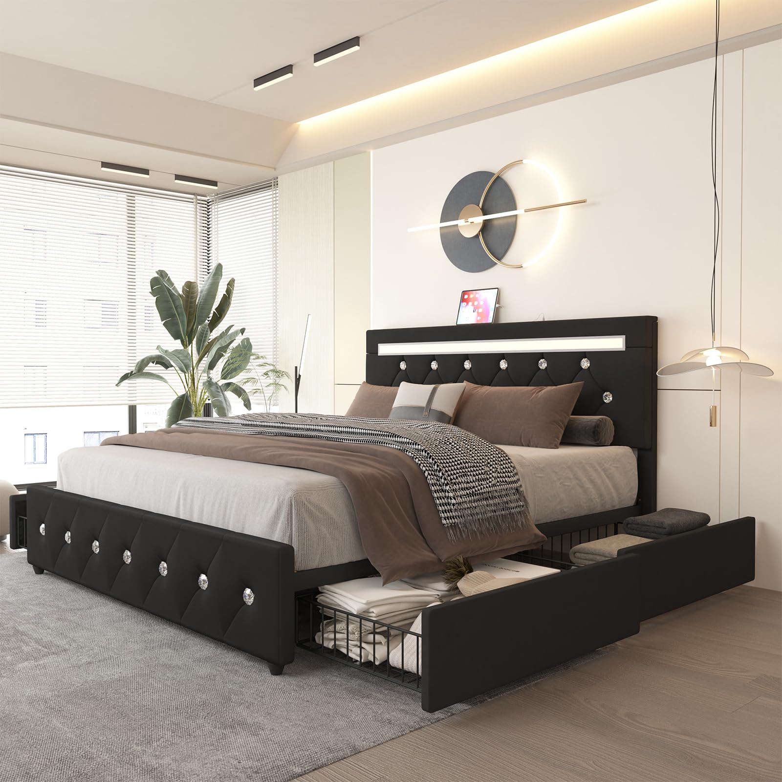 Full Size Bed Frame with 4 Drawers and LED Adjustable Headboard