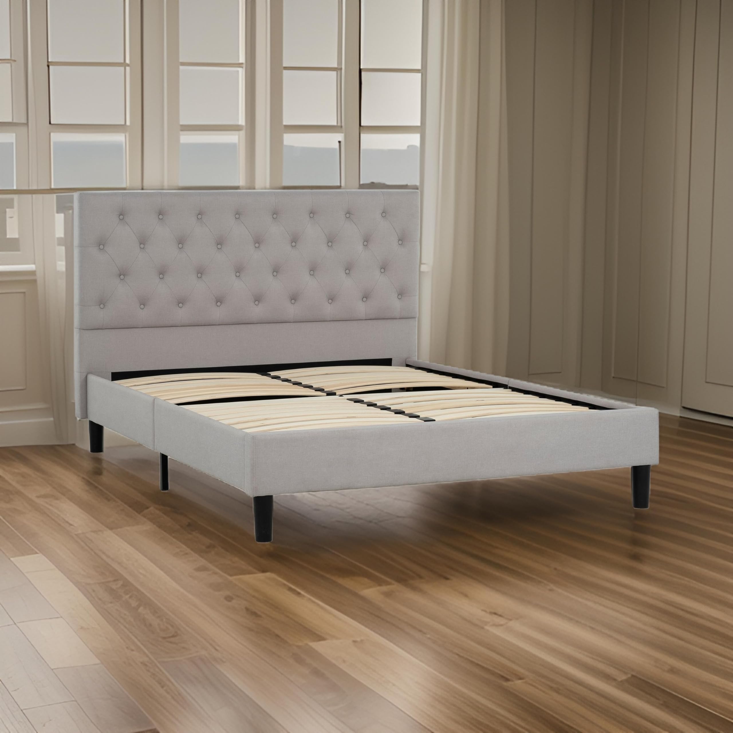 ANI Full Size Platform Bed, Cushioned Tufted Polyester Upholstery