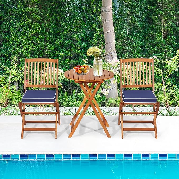 3 Pieces Patio Bistro Set, Acacia Wood Folding Bistro Set with Round Coffee