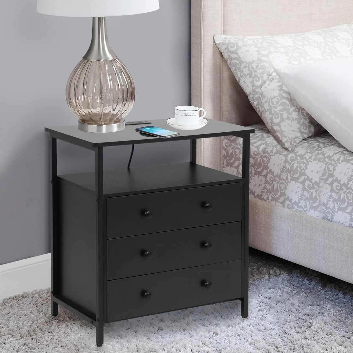 Wooden Drawers Night Stand, 27 Inch Wide Nightstand with Charging Station and Adjustable Drawers, Bedside Table for Living Room/Bedroom/Office, Black.