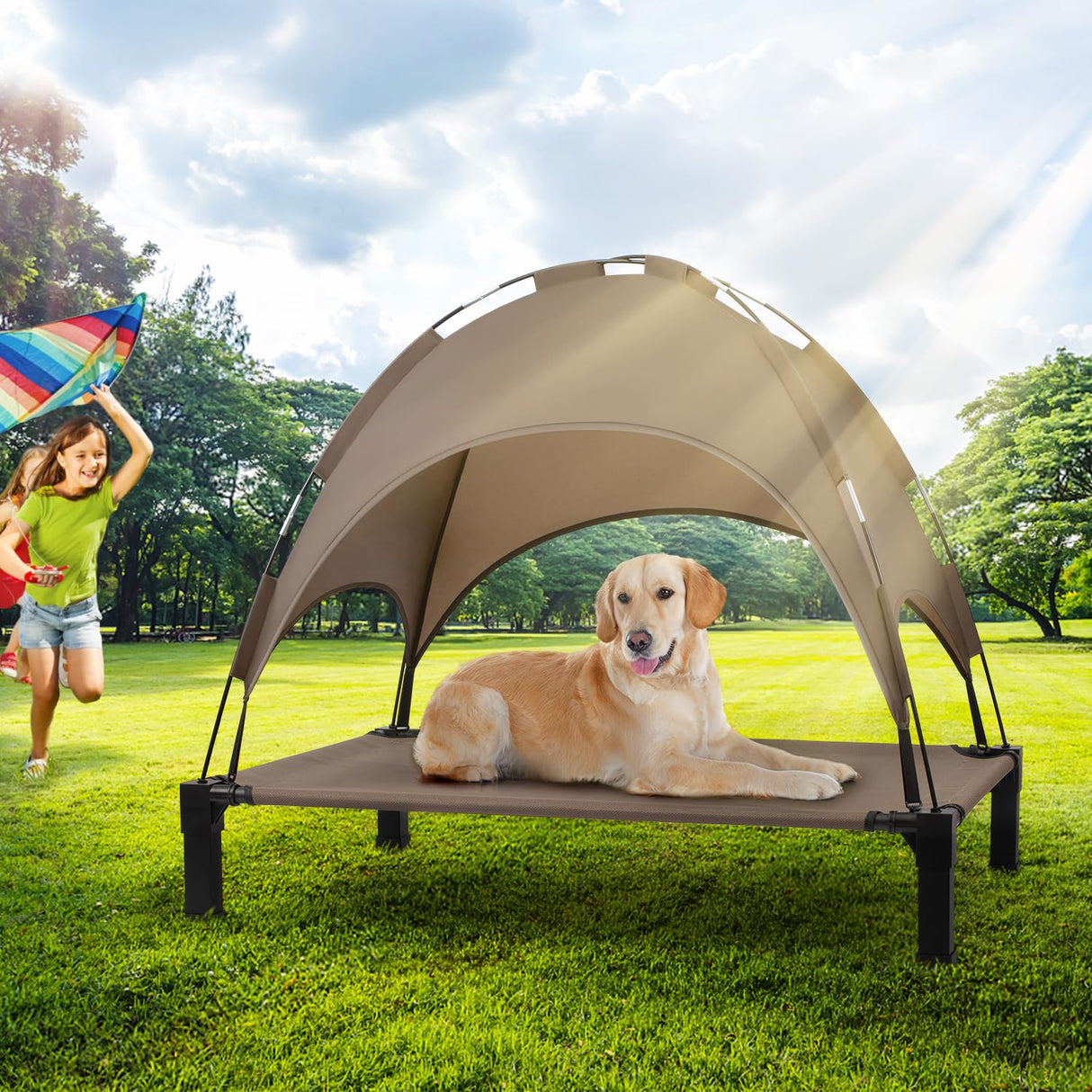 Heeyoo Elevated Dog Bed with Canopy, Outdoor Dog Bed Cot with Shade Tent, Portable Raised Pet Cot Cooling Bed for Dogs