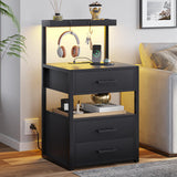 Led Nightstand with Charging Station, 3 Drawers Night Stands with Led Lights, Black