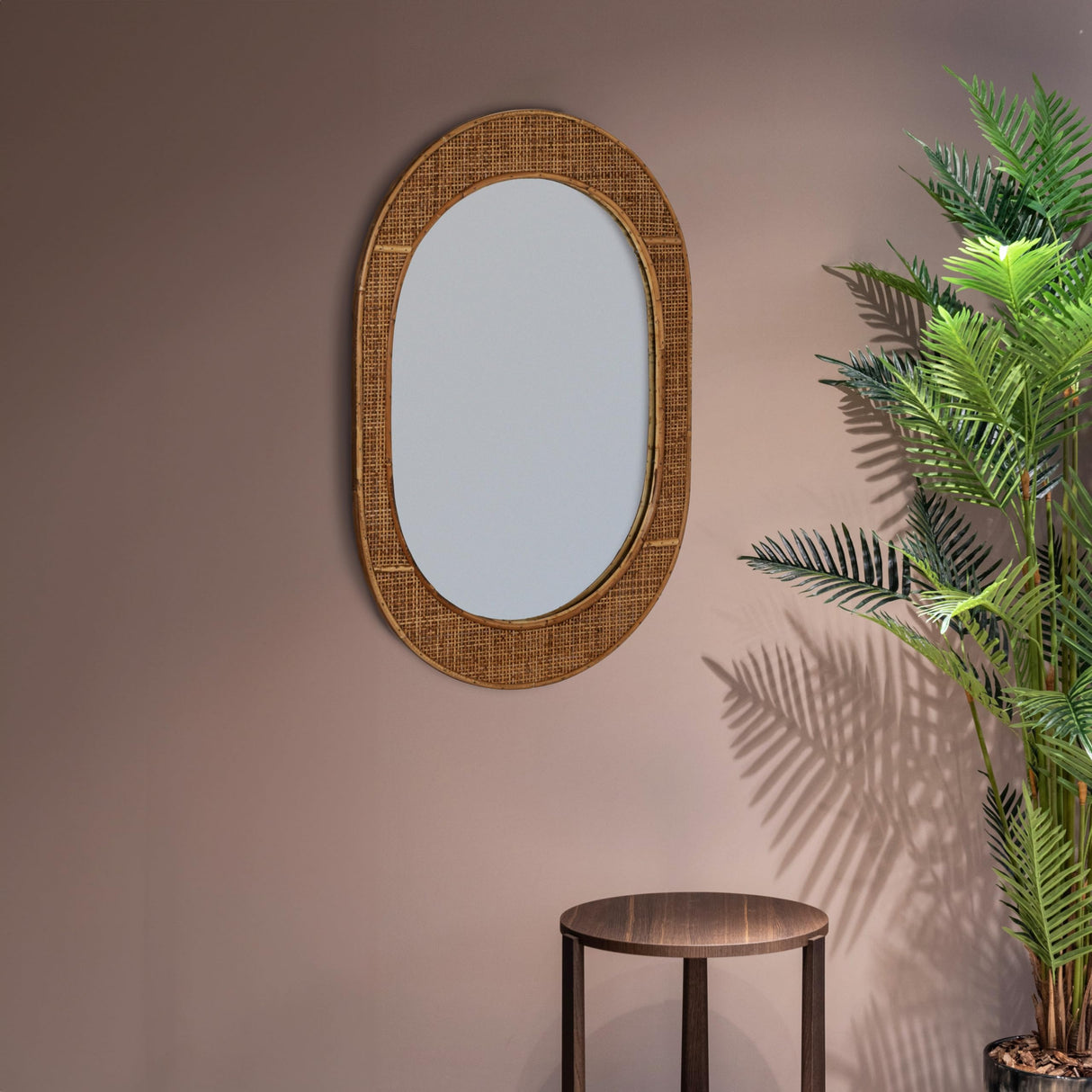 Oval Bamboo and Rattan Framed Wall Mirror, Natural