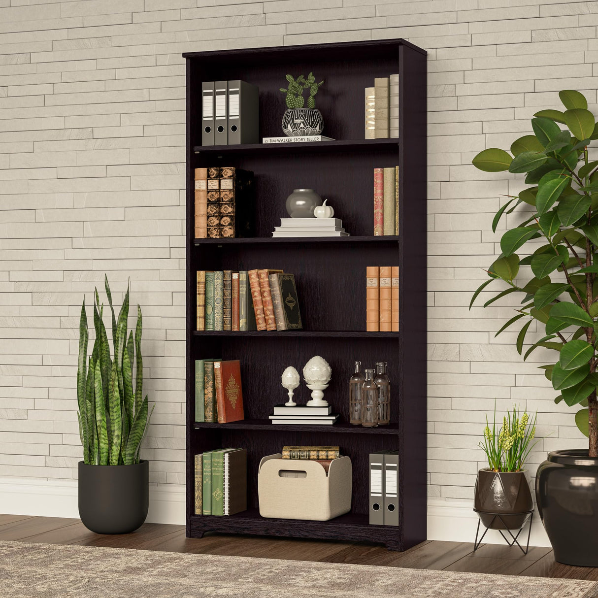 Cabot Tall 5 Shelf Bookcase Large Open Bookshelf in Espresso Oak Sturdy Display Cabinet