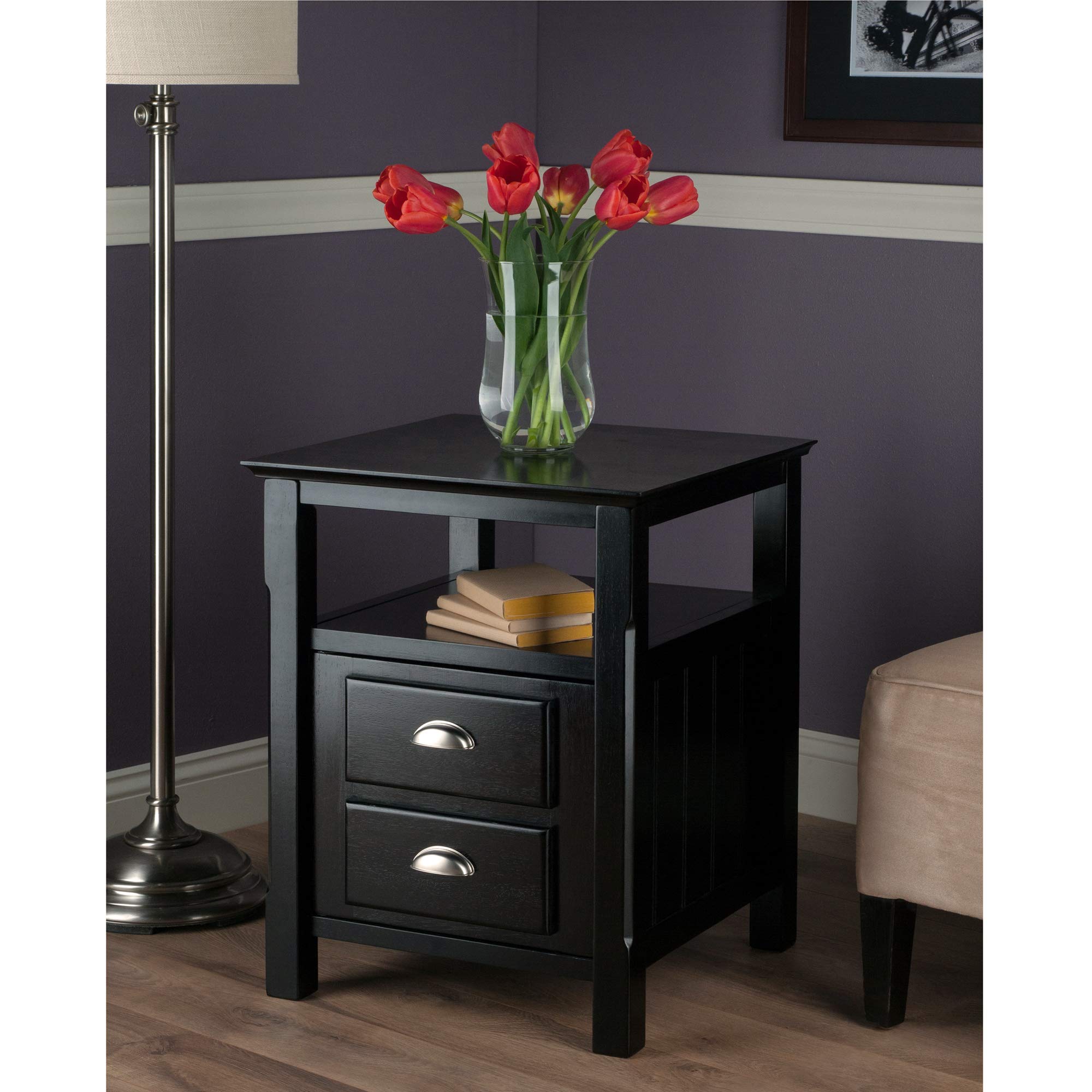 Solid Wood 2 Drawer Timber Night Stand Black Finish
