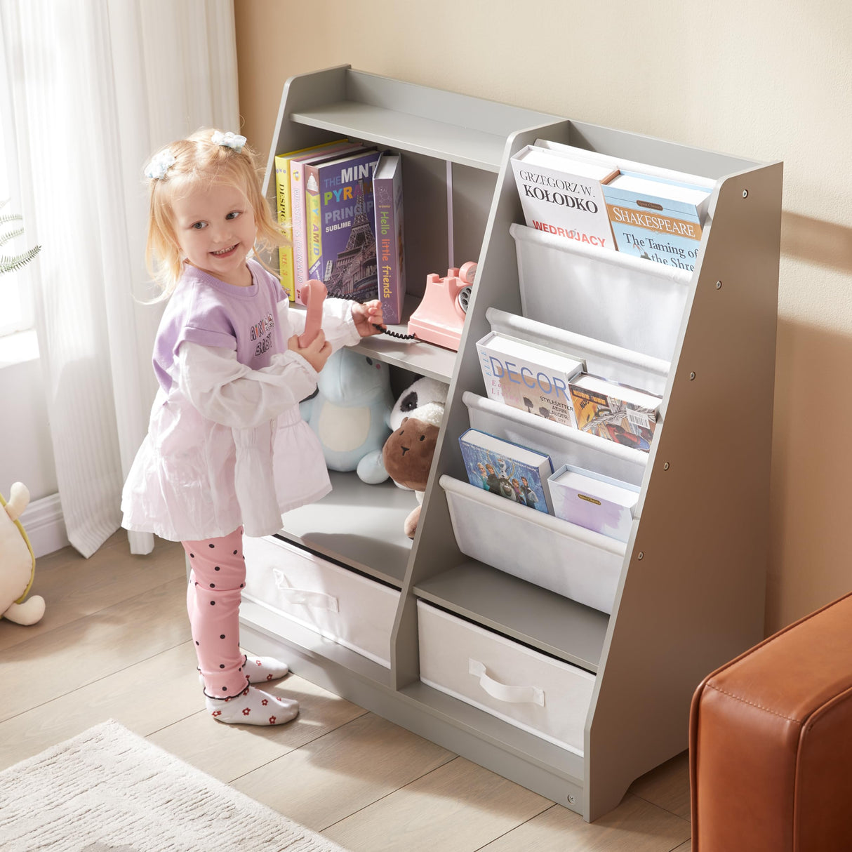 Kids Bookshelf with 2 Storage Boxes and 4 Sling Bookcase, Toddlers Book and Toy