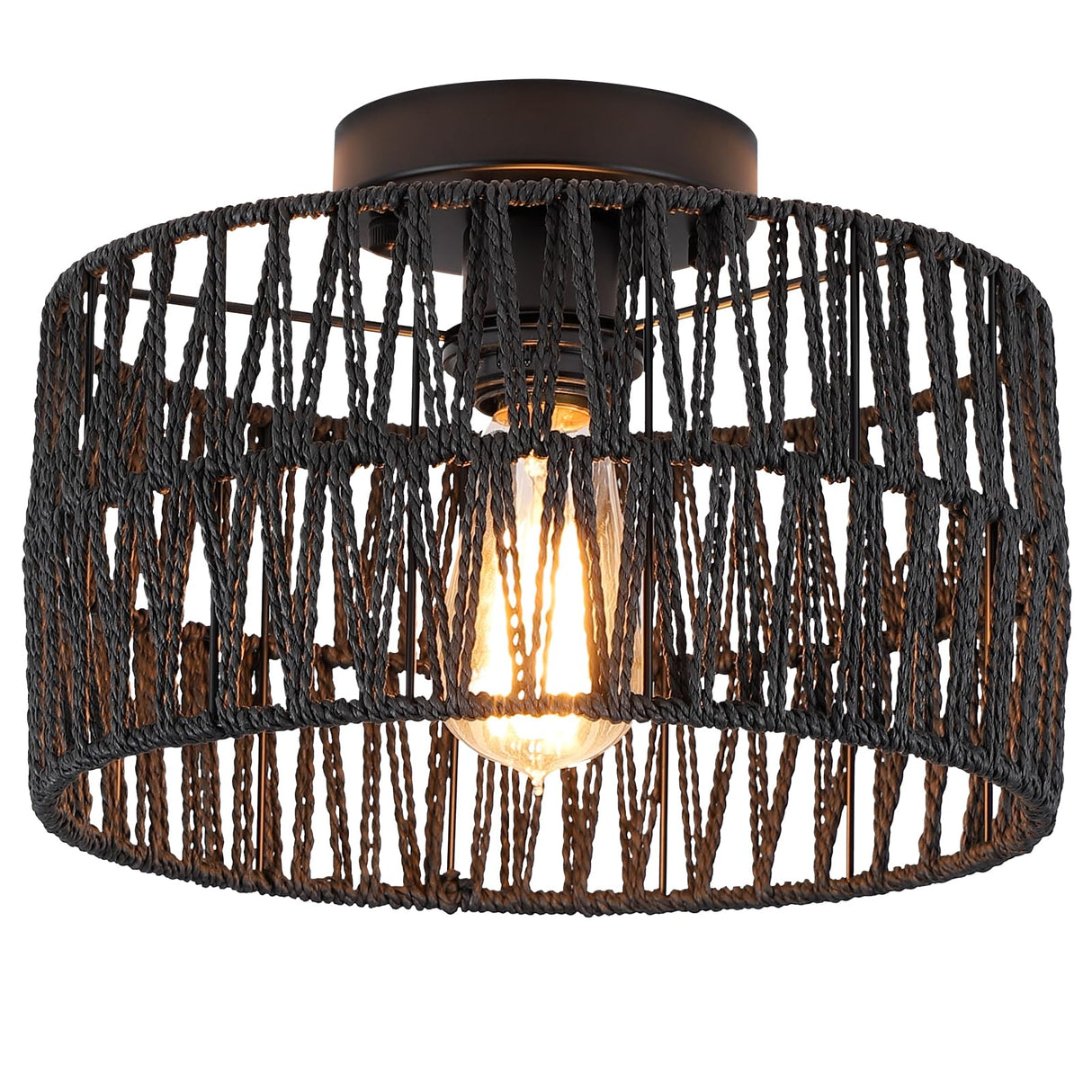 Coastal Black Woven Flush Mount Light Fixture Rustic Industrial Hemp Rope Round Flush