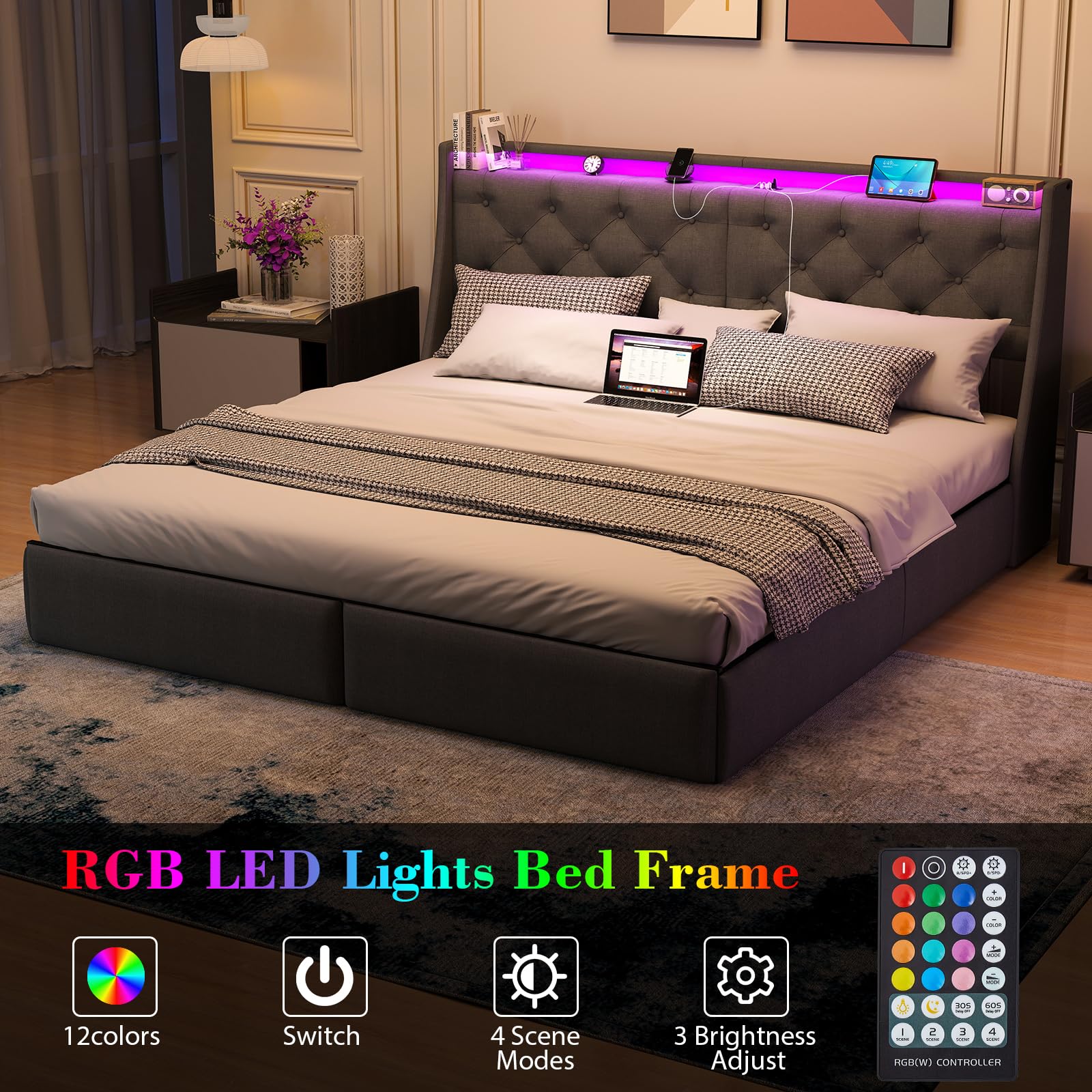 King Size Bed Frame with 4 Storage Drawers and LED Lights, King Bed Frame with Upholstered Headboard and Charging Station, Steel Slat Support, No Box Spring Needed, Noise-Free, Easy Assembly, Gray