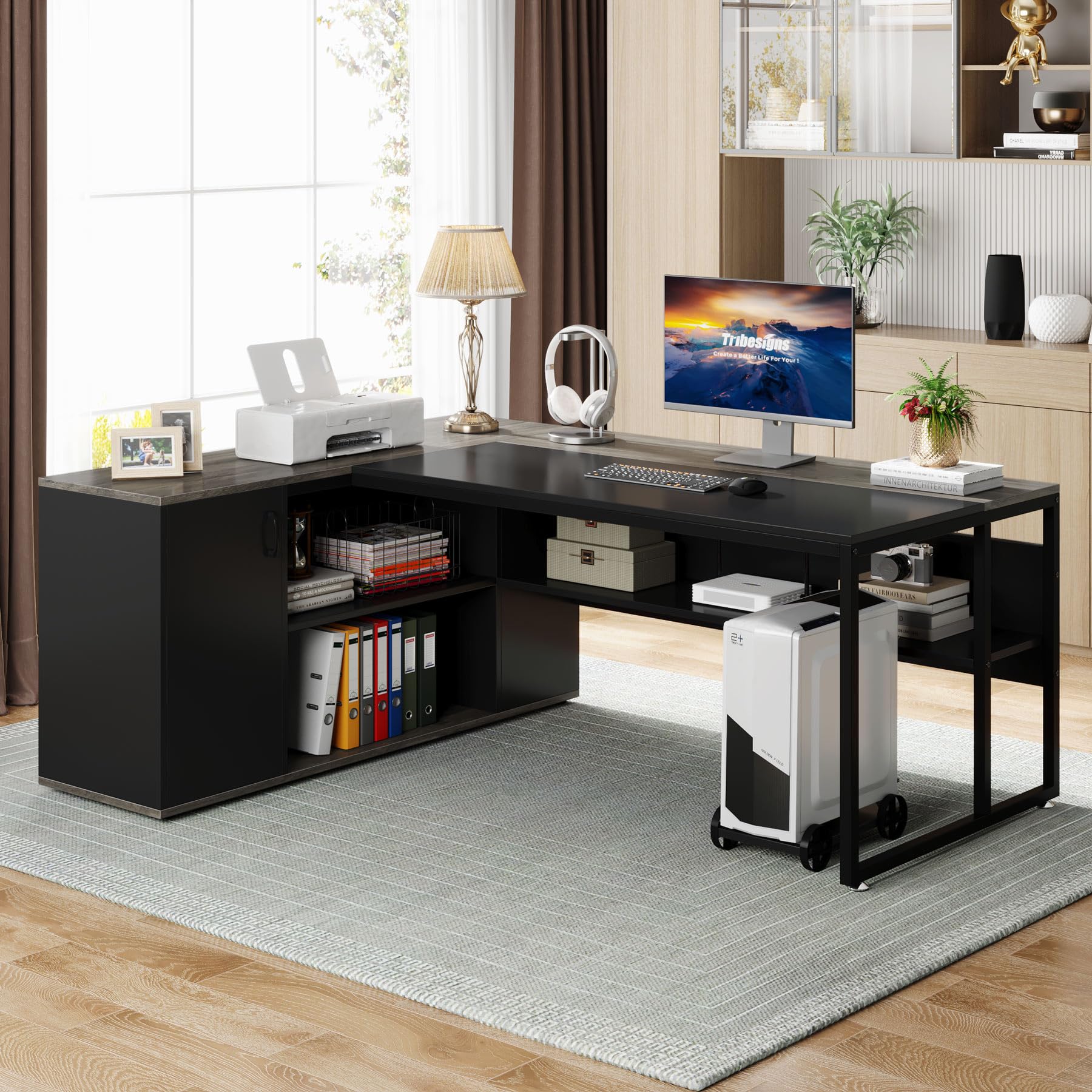 Large Executive Desk with File Cabinet, 71 inch L Shaped Computer Desk Office Desk