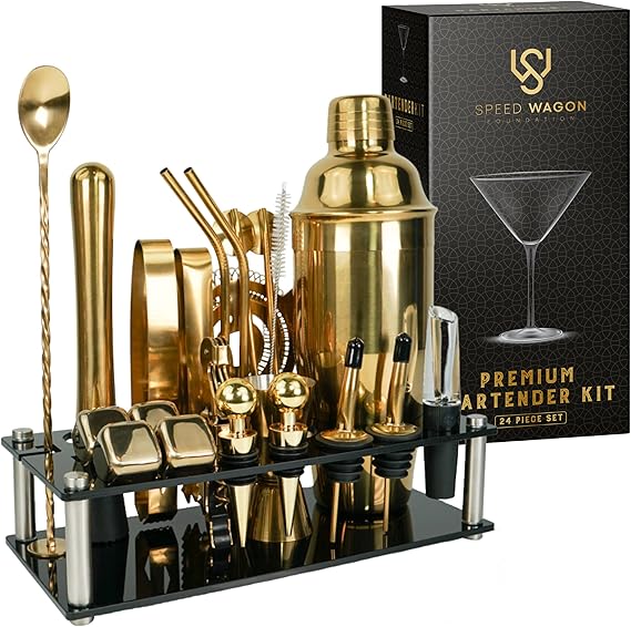Mixology Bartender Kit – 24 Piece Gun Metal Cocktail Shaker Set w/Stand – Essential Home