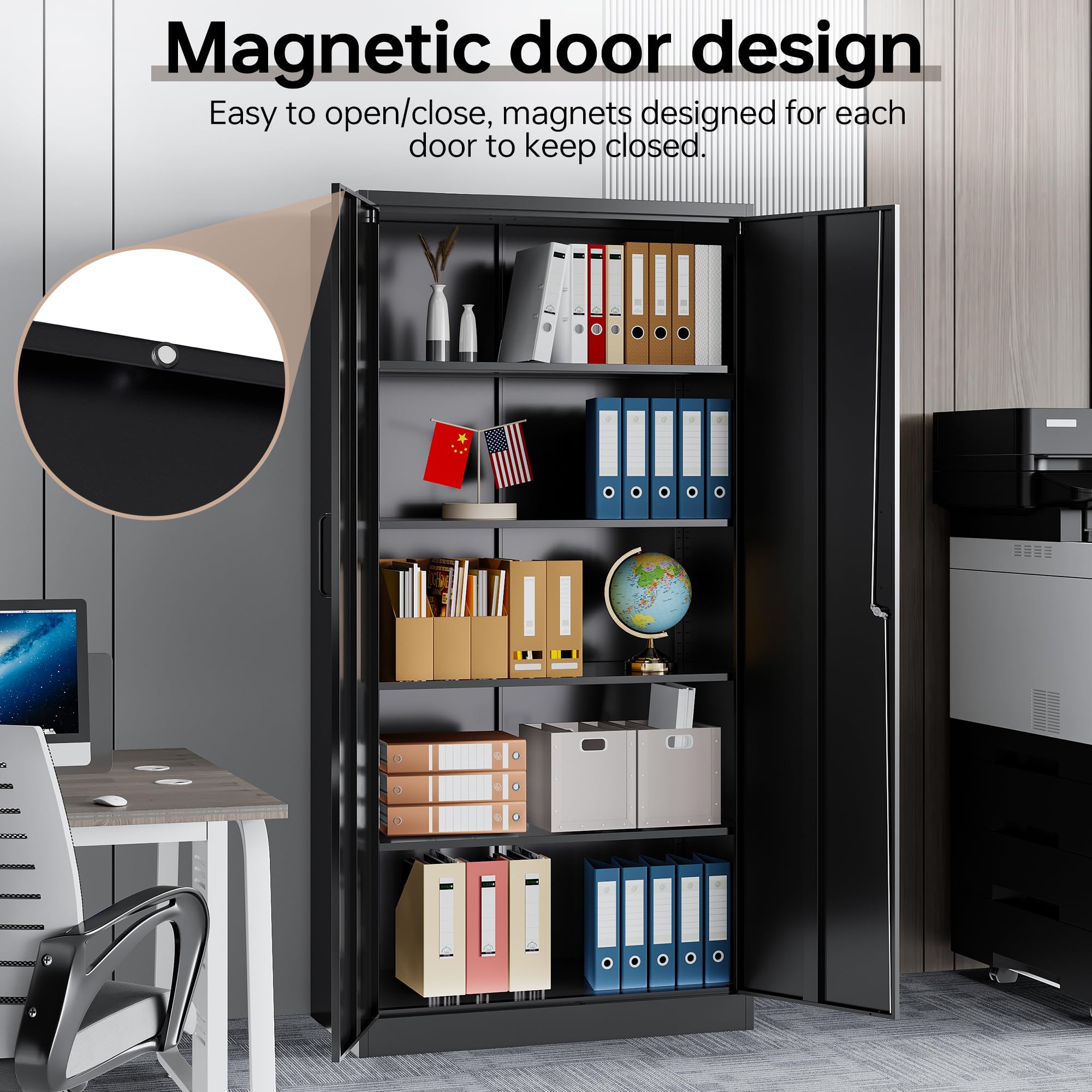AFAIF Metal Garage Storage Cabinet,71" h Tall Garage Cabinet with 2 Doors and 5 Adjustable Shelves, Steel Utility Tool Cabinet Black Locking Cabinets, Lockable File Cabinet Garage Storage Locker