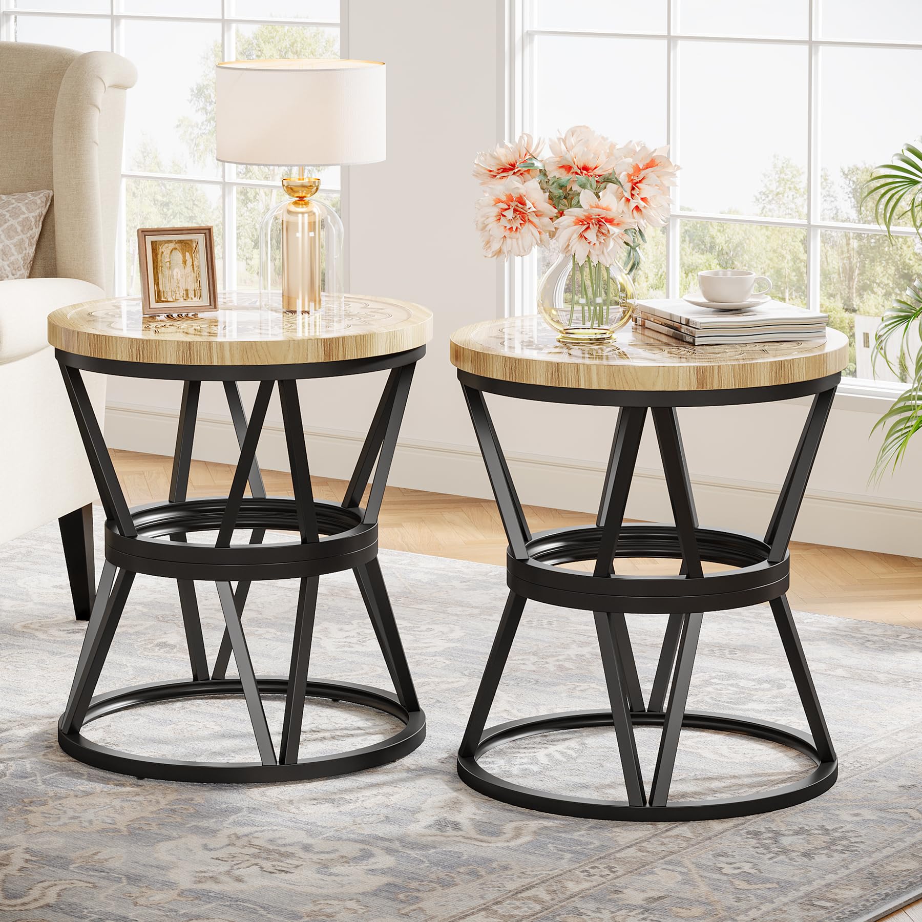 Side Table Set of 2, Round Carved End Table for Living Room