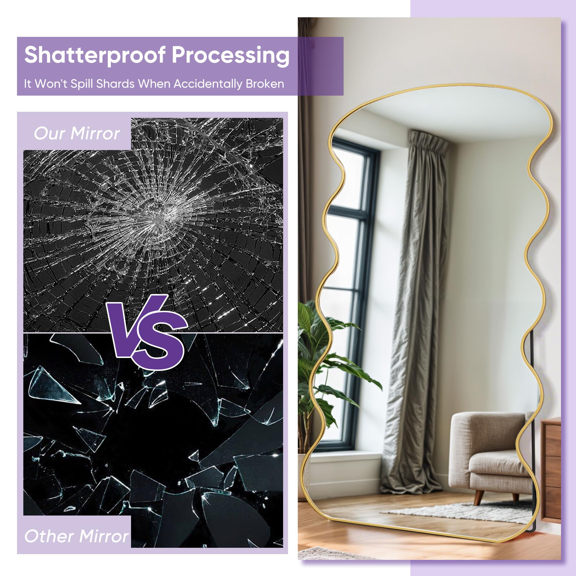 Arched Full Length Mirror 44"x76" - Gold Wave Floor Mirror with Stand