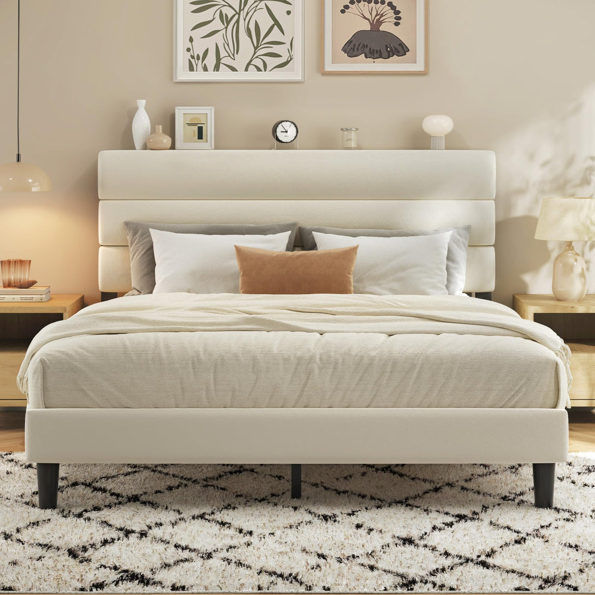 Queen Bed Frame with Velvet Upholstered Headboard