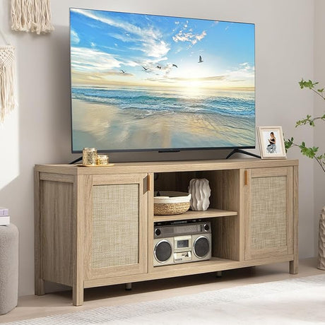 Rattan TV Stand for Living Room - 26" Tall Wood TV Console Cabinet