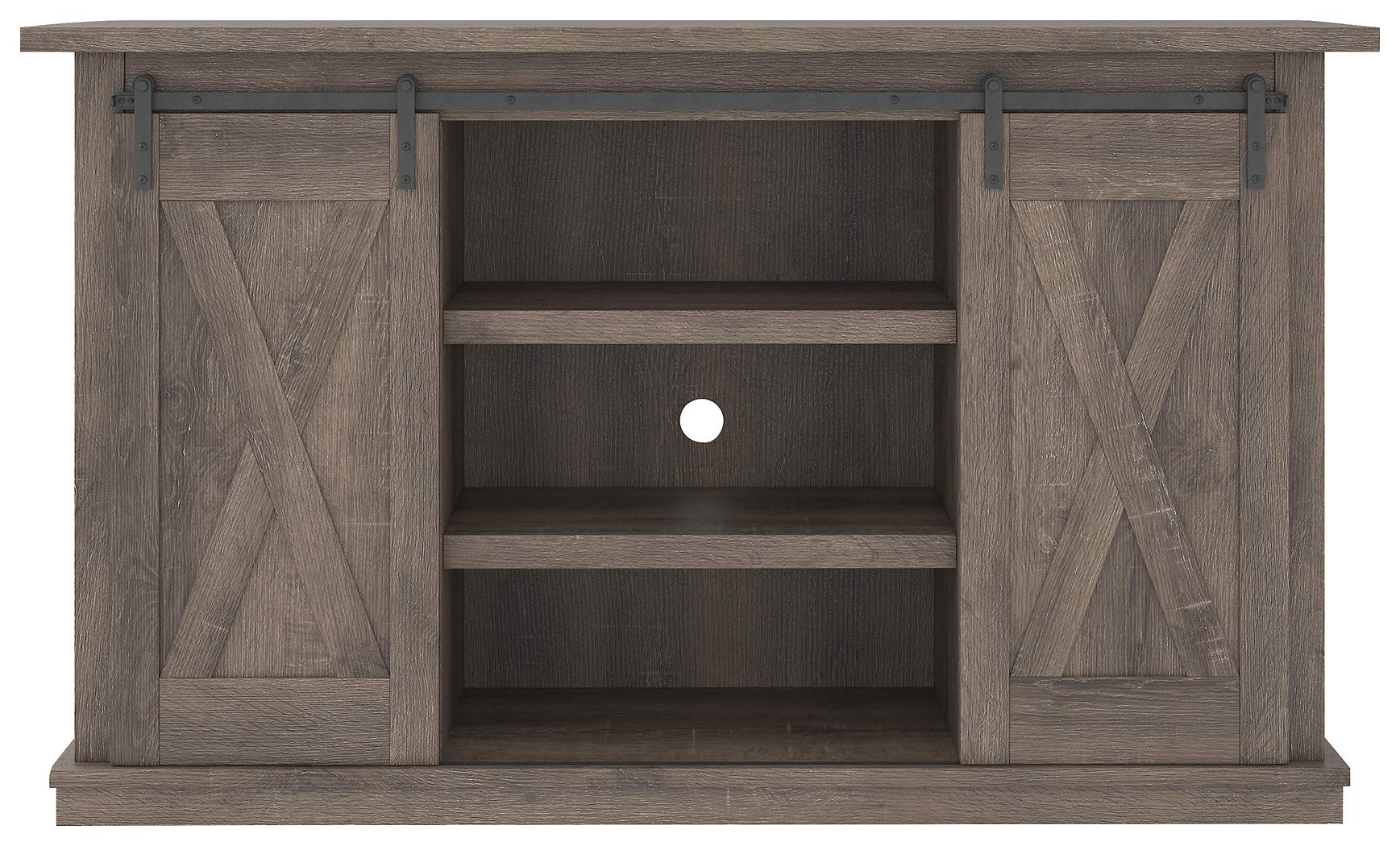 Benjara Wooden TV Stand with 2 Cross Barn Sliding Doors, Brown