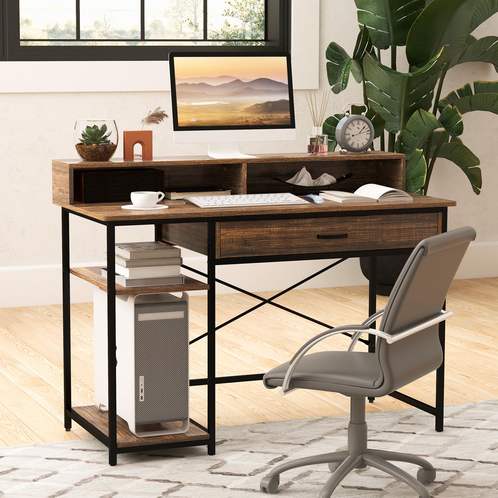 Computer Desk with Storage Drawer & Monitor Stand, 48” Home Office Writing Desk