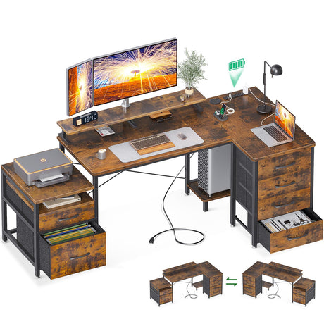 L Shaped Desk with 6 Drawers & Power Outlet, 72 Inch Computer Desk