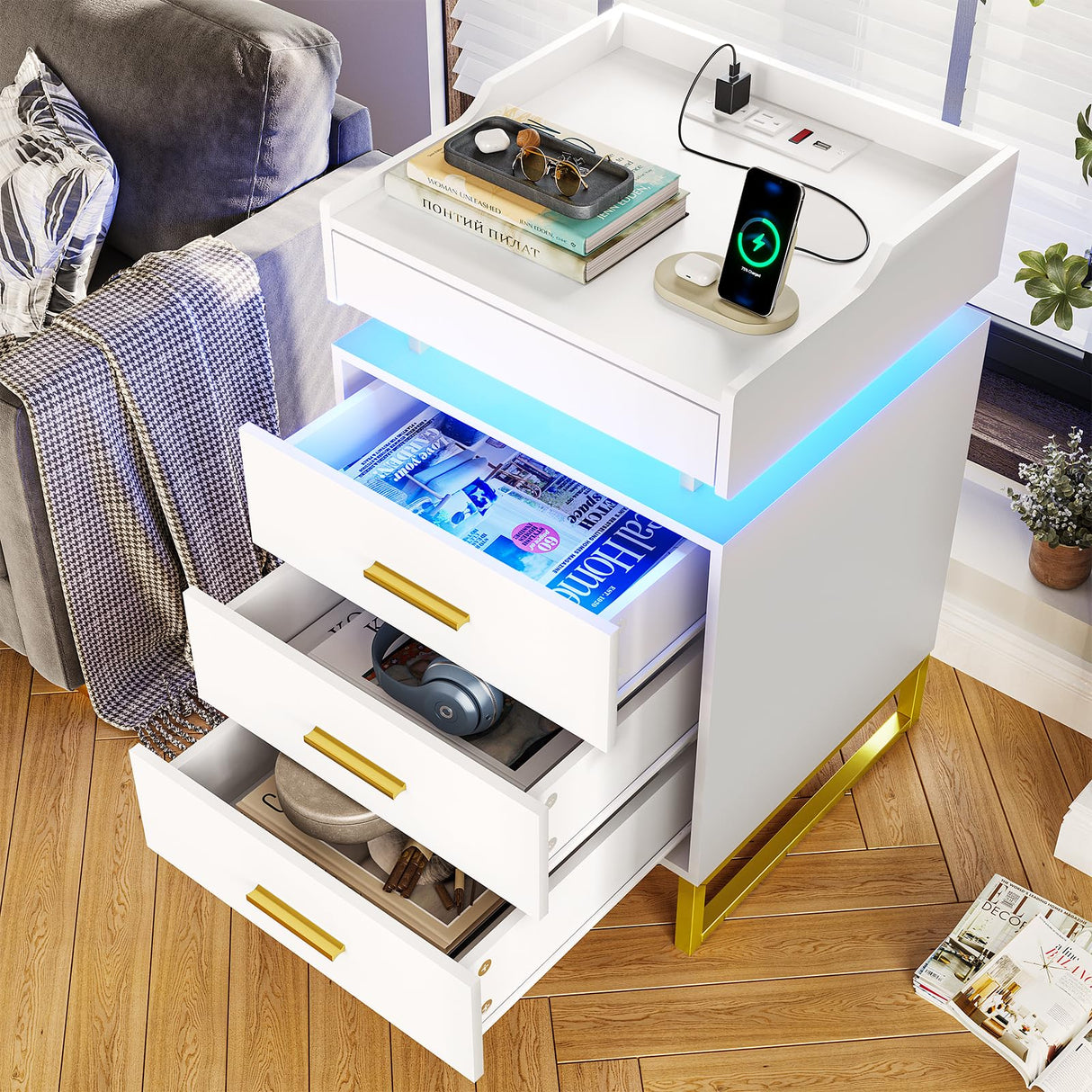 LED Nightstand with Charging Station, Large Night Stand with 3 Drawers and 1 Pull-Out Tray