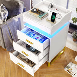 LED Nightstand with Charging Station, Large Night Stand with 3 Drawers and 1 Pull-Out Tray