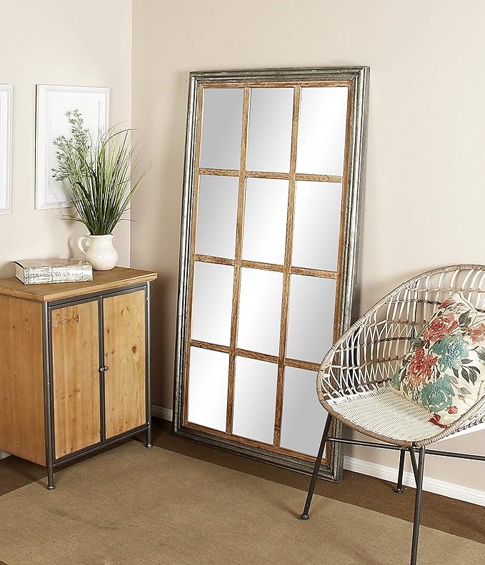 Wood Room Wall Mirror Window Pane Inspired Entryway Mirror, Wall Mounted Mirror 22" x 1" x 48",