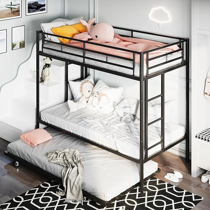 Metal Loft Bed with 2 Secured Ladders, Bunk Bed Twin Over Full with Trundle