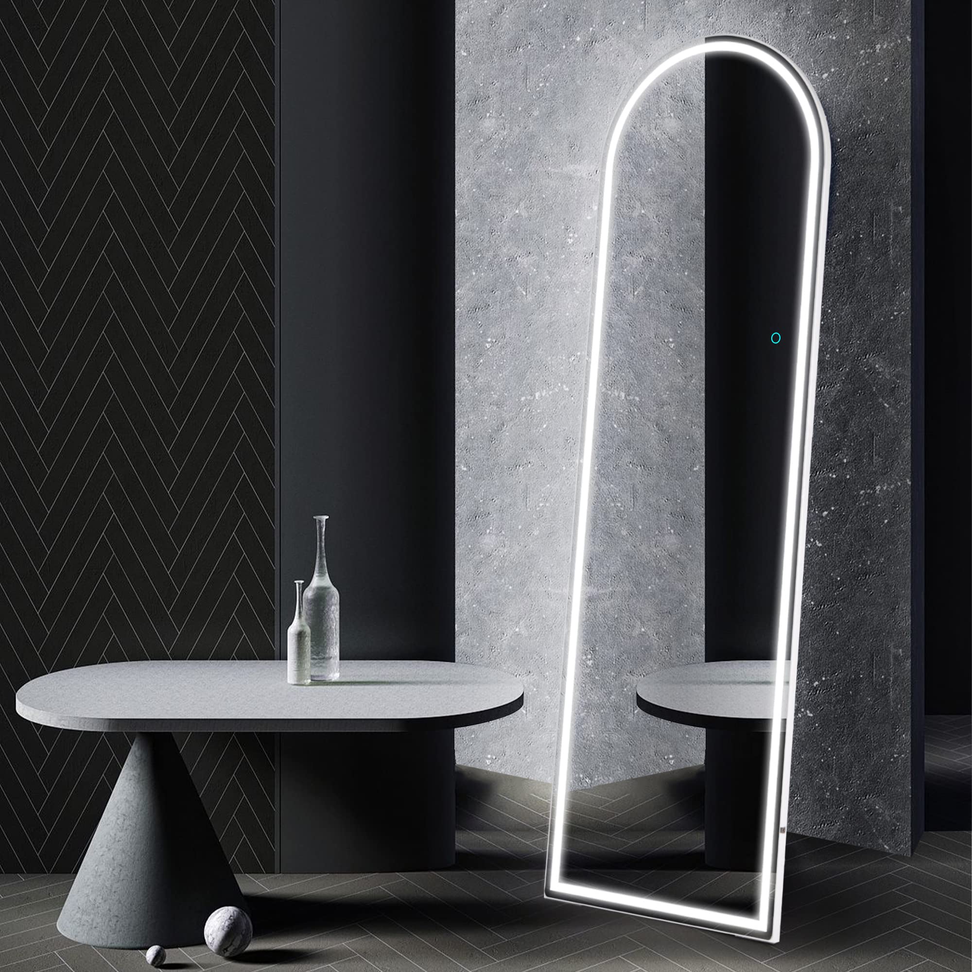 63'' x 20' Full Length Mirror with LED Lights, Arched Floor Standing Mirror, White