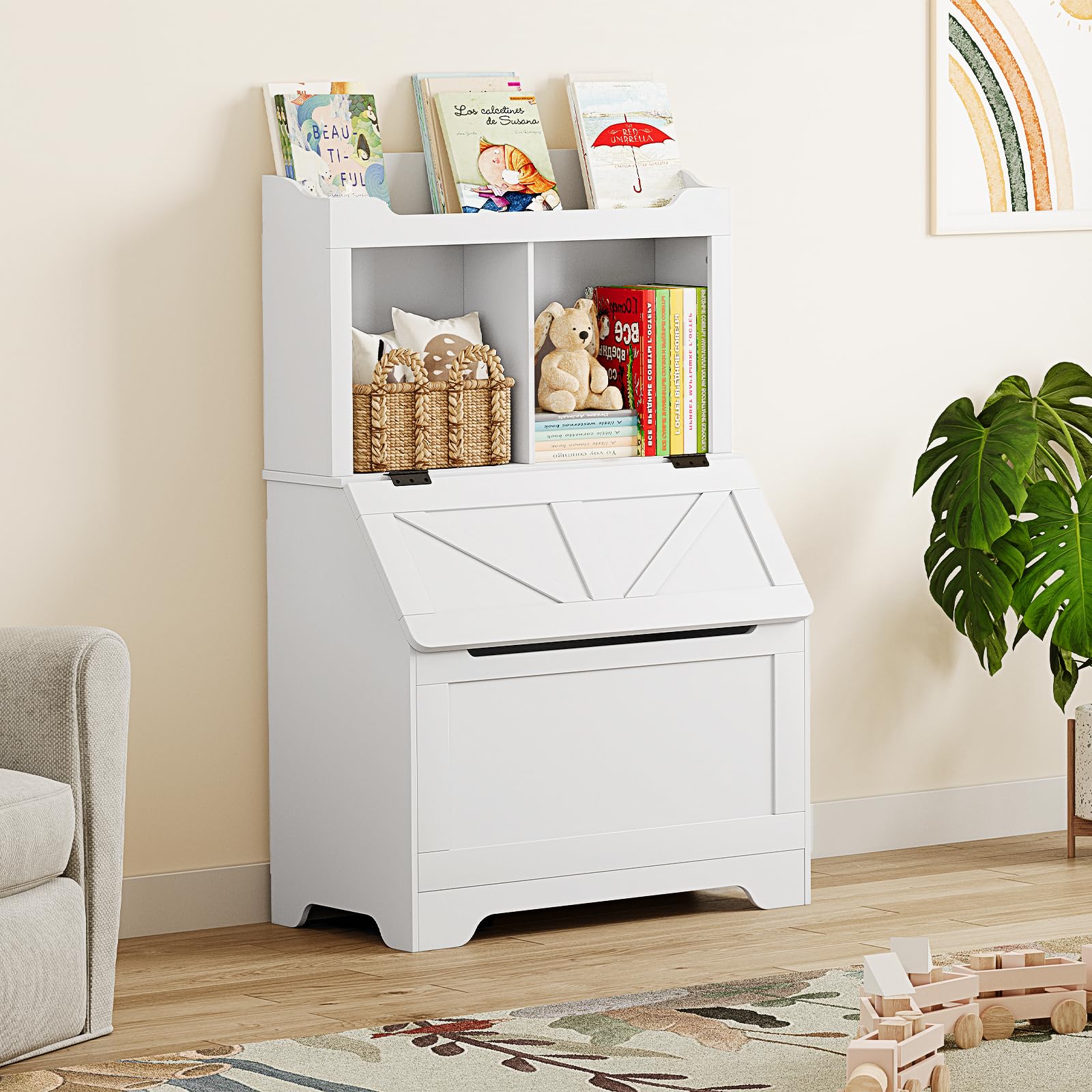 Storage Organizer, Large Wooden Toy Box Chest with Flip-top Lid and Cubby, 3-Tire Children's Bookcase