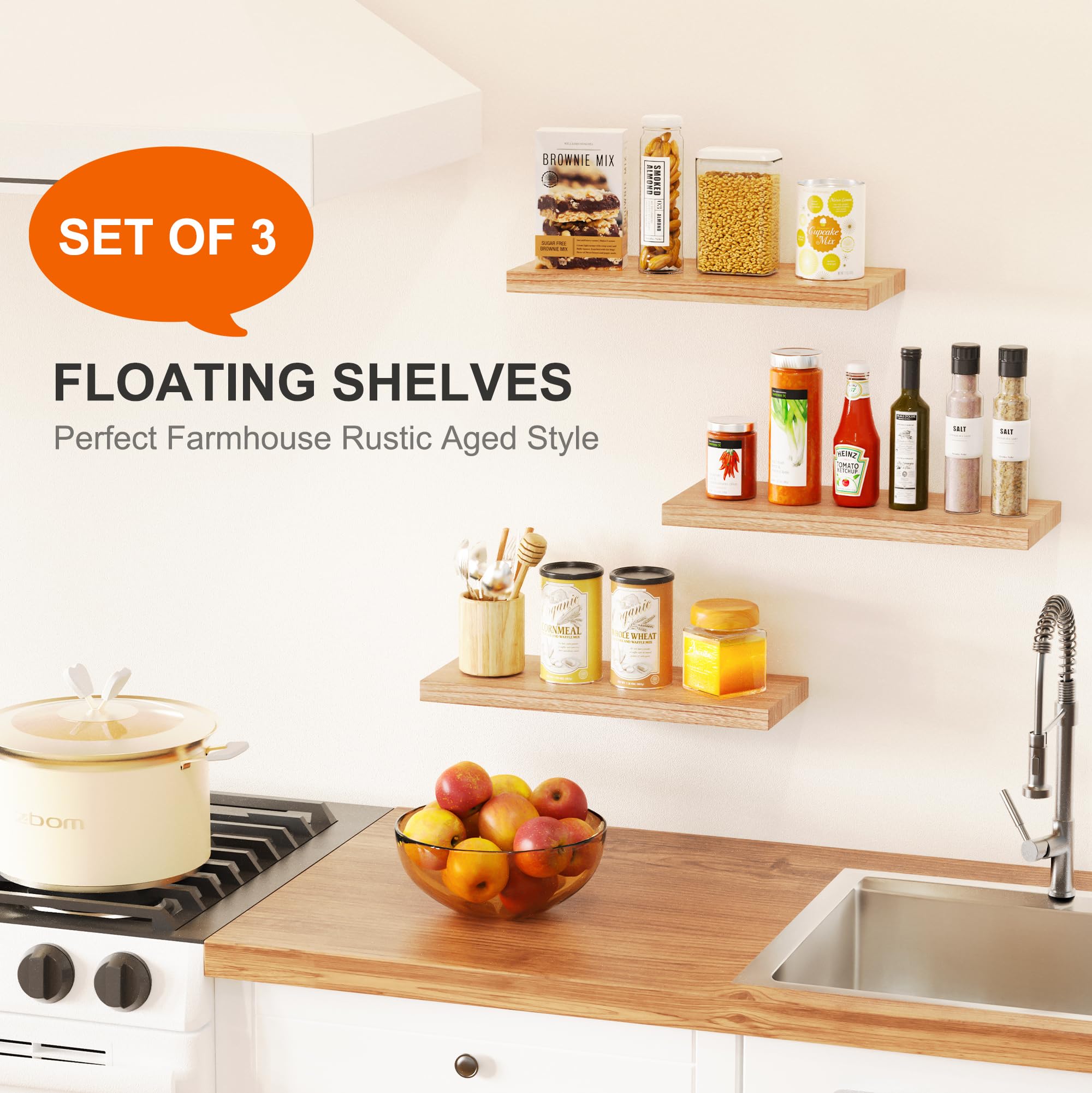 Greenual 3 Packs Floating Shelves for Wall, Nature Wood Wall Shelf, 16" Wall Mounted Floating Shelf for Kitchen, Living Room, Bedroom, Bathroom Storage, Book Shelf for Wall Home Decor, Frame Display