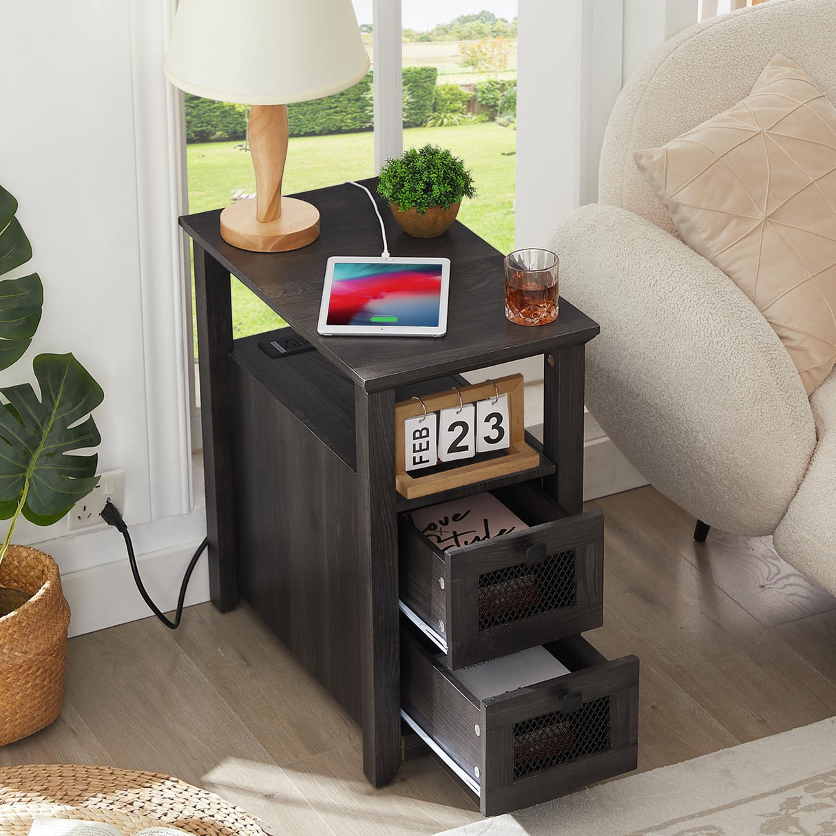 Farmhouse XXL End Table with Charging Station, Narrow Side Table