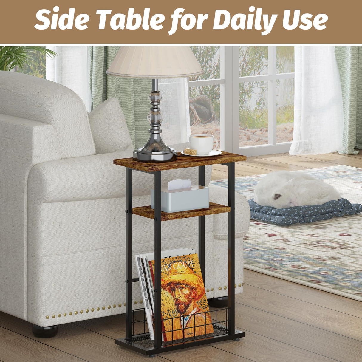 Small Narrow Side Table, Skinny End Table for Small Spaces, Narrow End Table