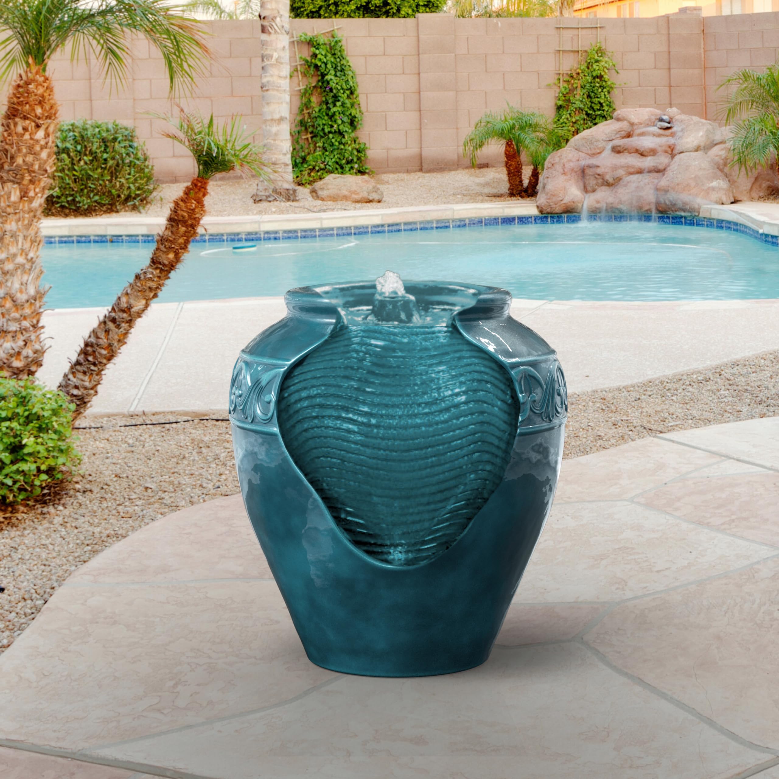 Floor Glazed Pot Water Fountain with Built-in LED Light and Pump for Outdoor Indoor Patio