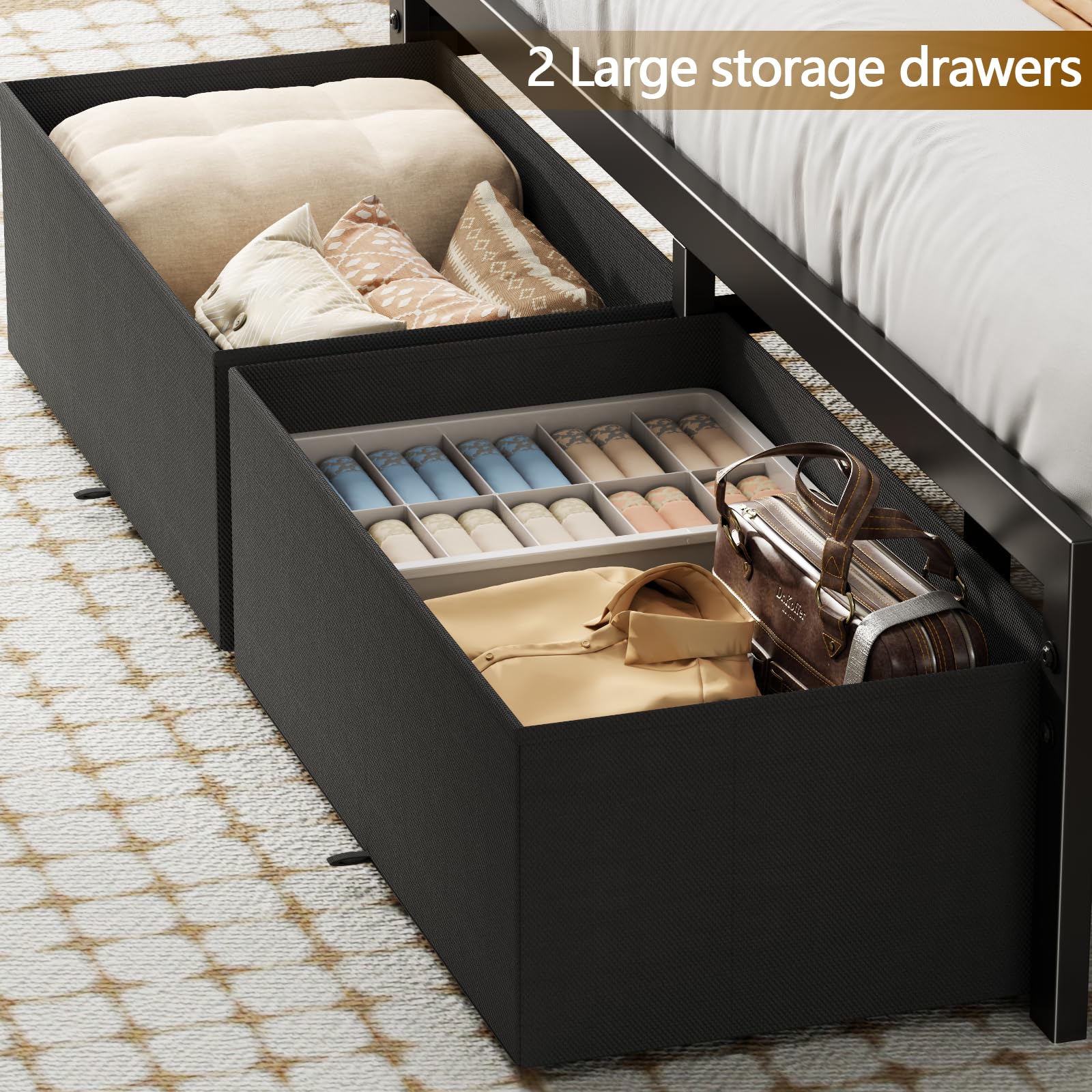 Queen Bed Frame with Storage Drawers and LED Lights