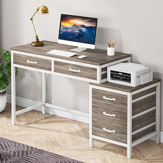 Computer Desk with 5 Drawers, Home Office Desks with Reversible Drawer Cabinet Printer