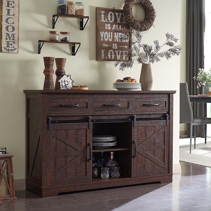 Farmhouse Buffet Cabinet, 53” Sideboard Cabinet w/3 Drawer, Rustic Storage Cabinet