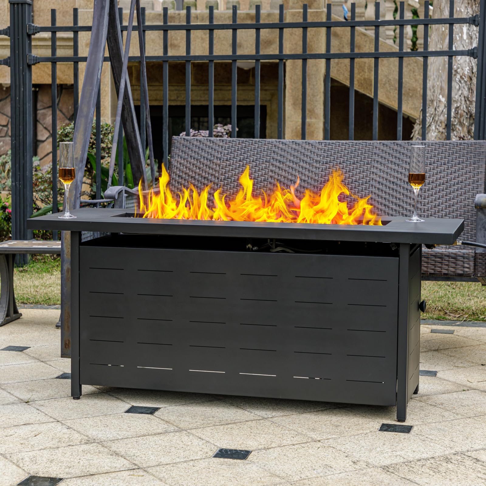 EcoNook 57 inch Propane Fire Pit Table,50000 BTU Gas Fire Pits Table with Lid & Lava Rock & Waterproof Cover, Outdoor Propane Firepit for Dining or Party, Outside, Patio, Garden, Yard - Bircata