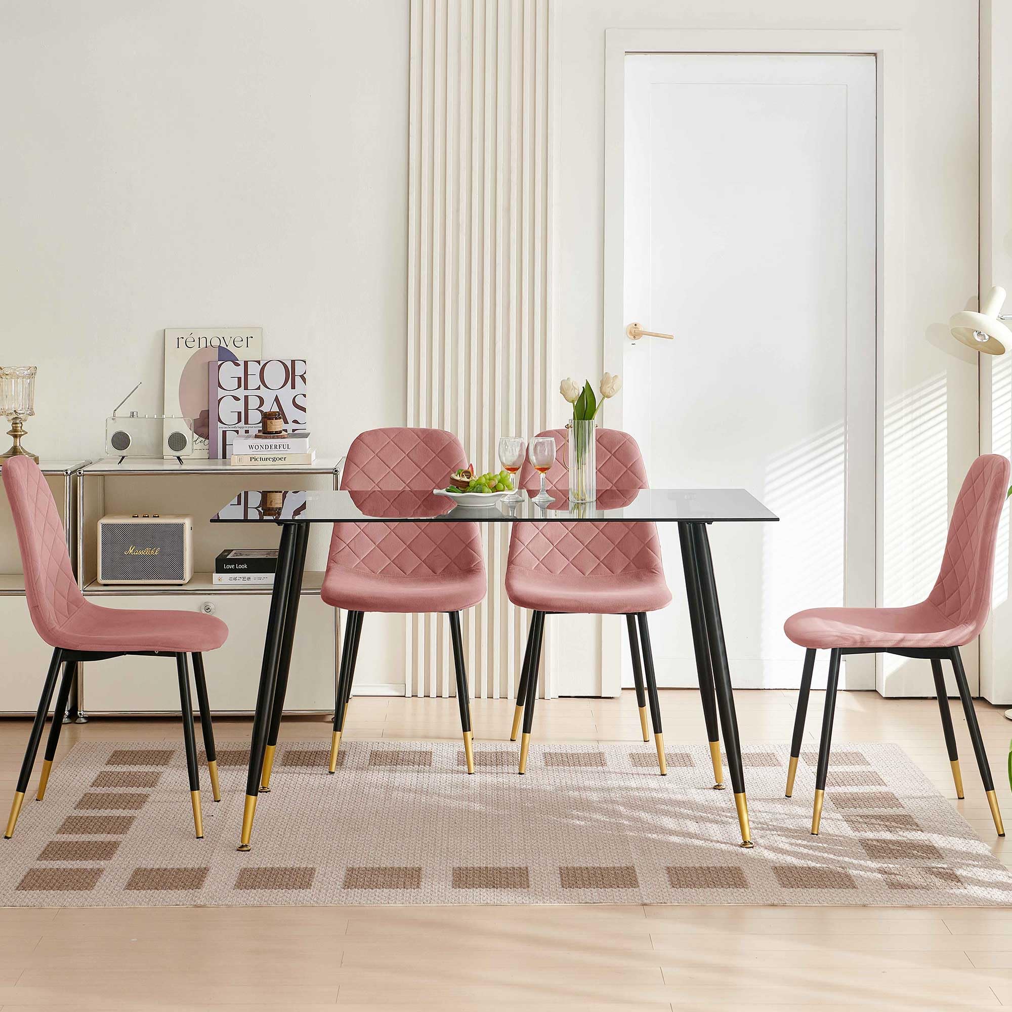 5-Piece Grey Glass Dining Table Set for 4, Modern Tempered Glass Kitchen Table Set