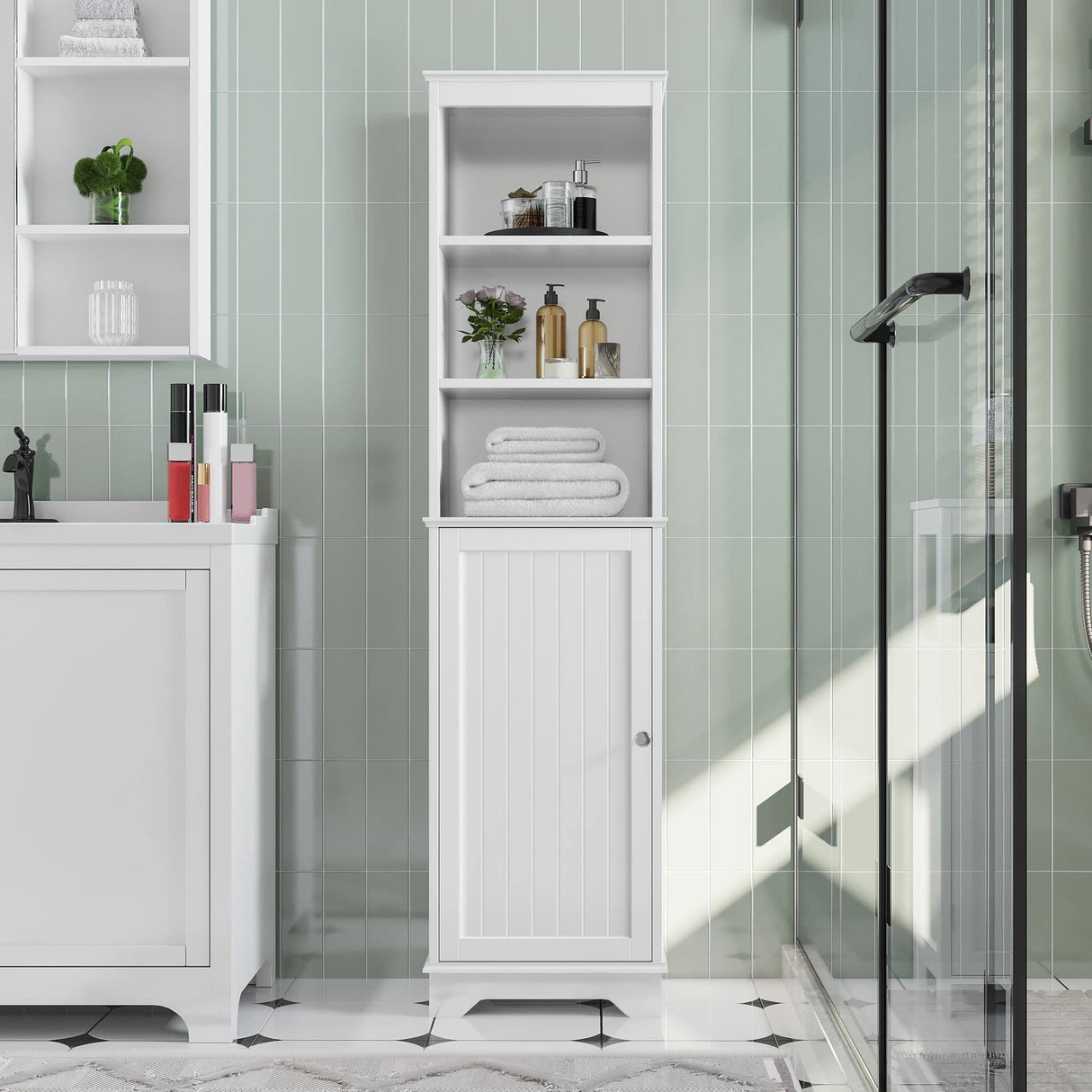 Bathroom Storage Cabinet, Tall Slim Cabinet with 3 Shelves & Door, Floor Freestanding