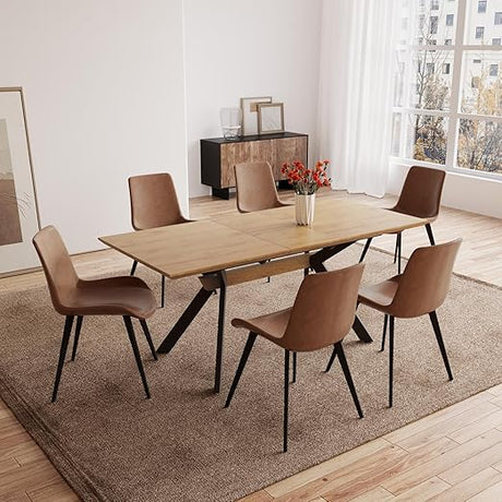 7 Piece Dining Table Set, 55'' to 71'' Extendable Rectangular Dining Table with 6 PU Dining