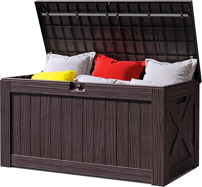 Greesum 120 Gallon Outdoor Storage Box with Lock - Woodgrain Plastic Deck Box, Reinforced Lid & Heavy Duty Design, Easy Assembly for Garden, Patio, Lawn, Black