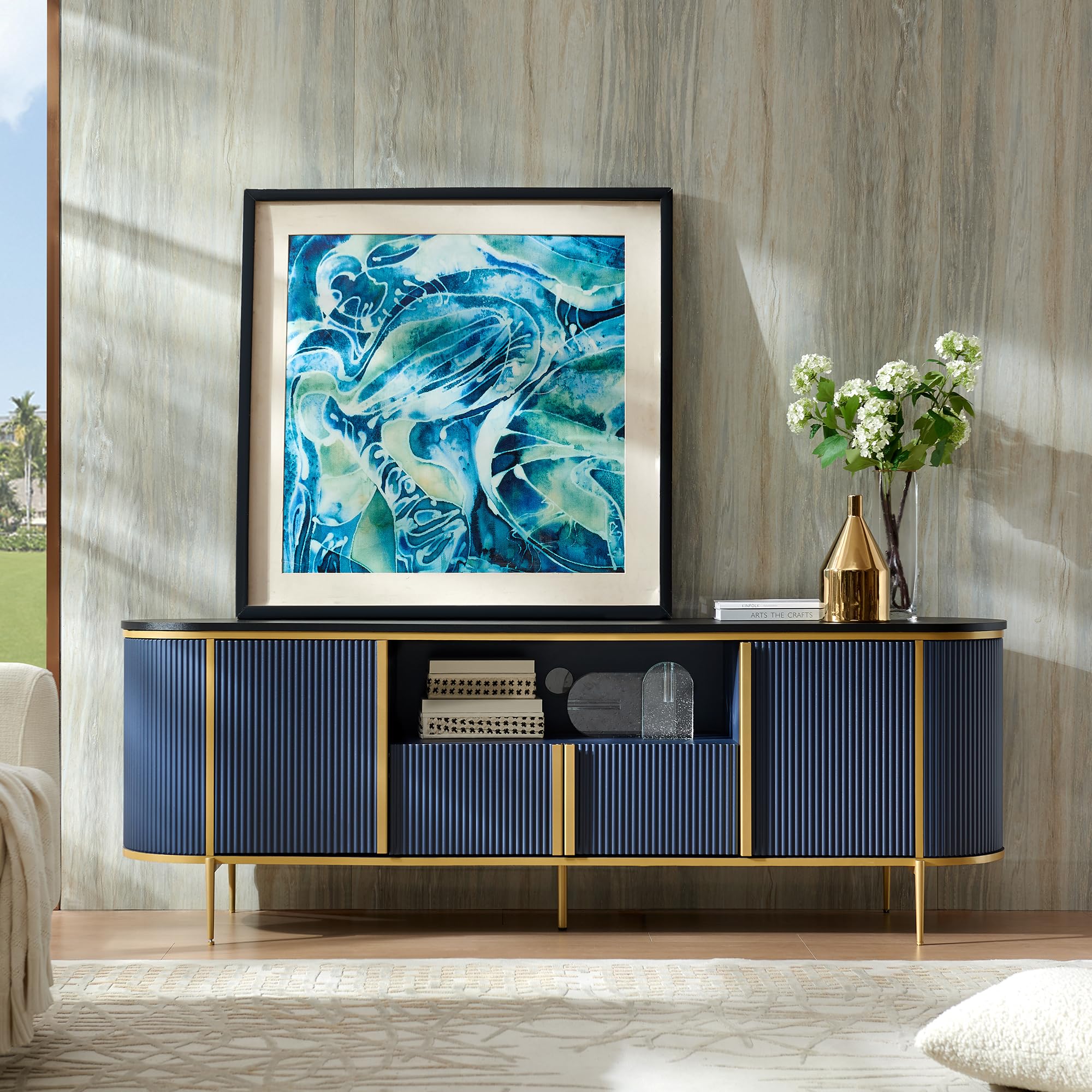 70" Fluted TV Stand with Faux Marble Top