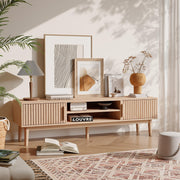 Yolasoly Boho TV Stand,Entertainment Center for 55/60/65 inch TV,Low TV Stand with 2 Cabinets,Wood TV Stand Cabinet with Wooden Handles and Supporting Legs for Living Room,Natural