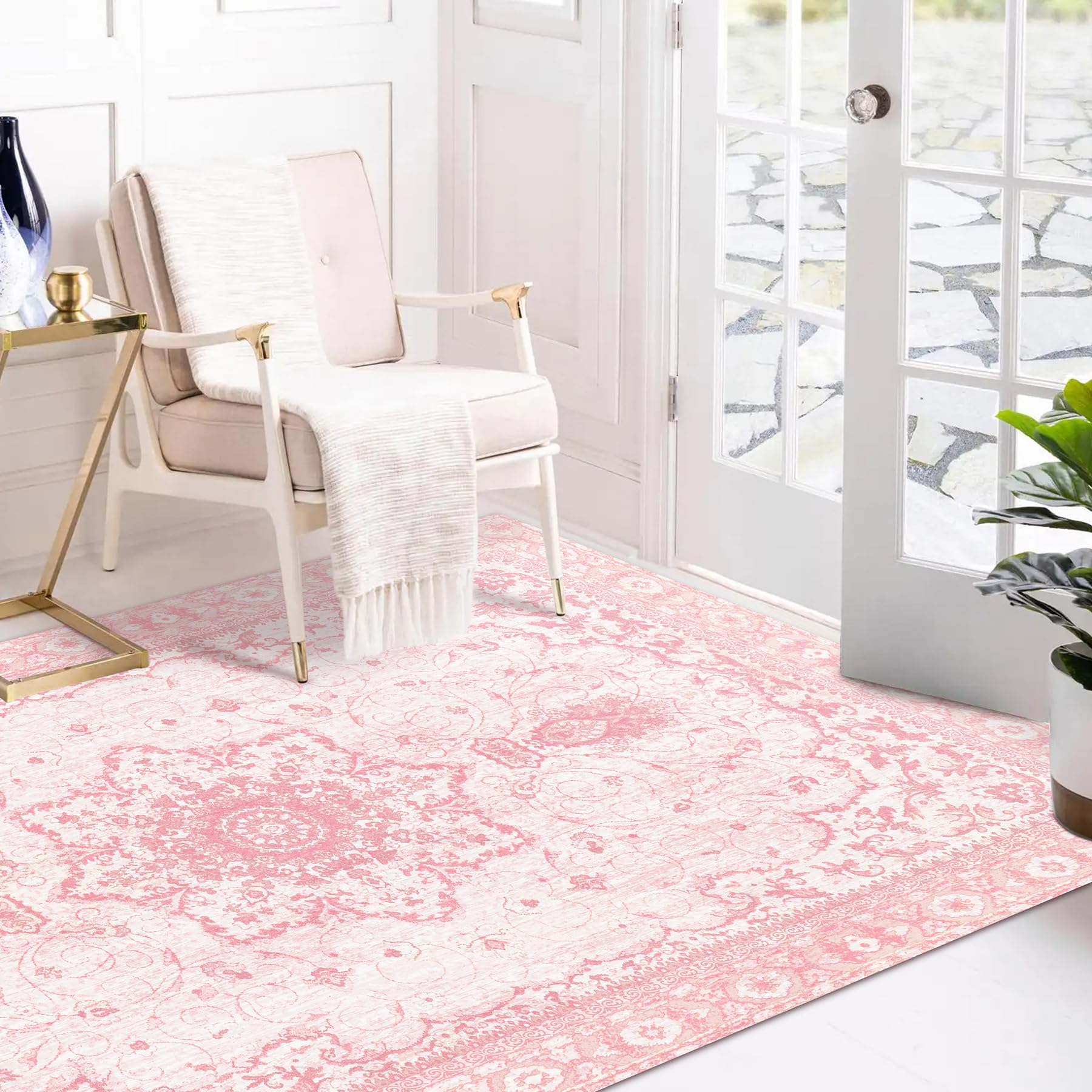 Area Rug - Vintage 5'x7' Honeycomb Non-Slip Backing Area Rugs Pink Soft Faux Wool