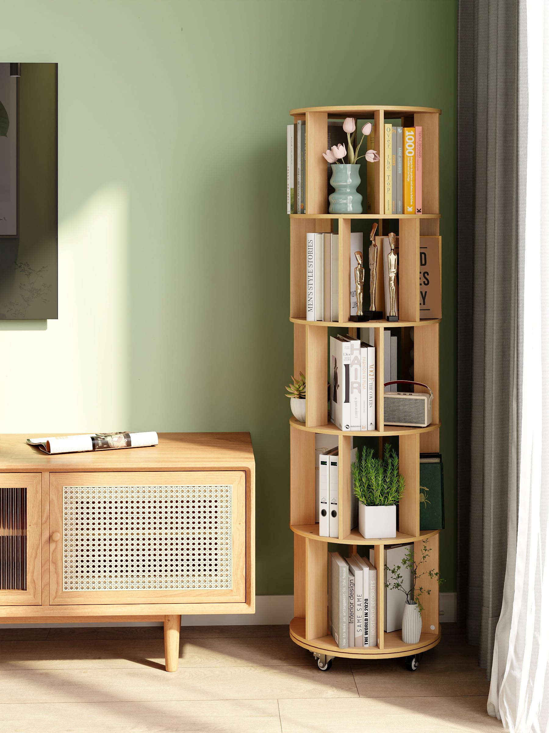 5 Tier Rotating Bookshelf with Wheels 360° Display Stackable Spinning Book shelf