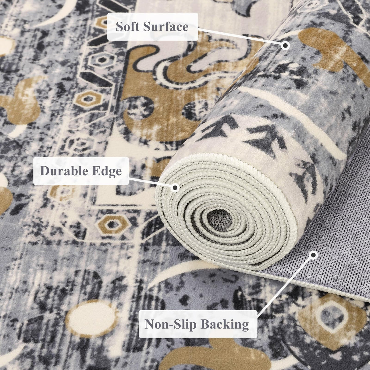 Washable Area Rug 6x9 - Non-Slip Boho Vintage Distressed Low Pile Carpet