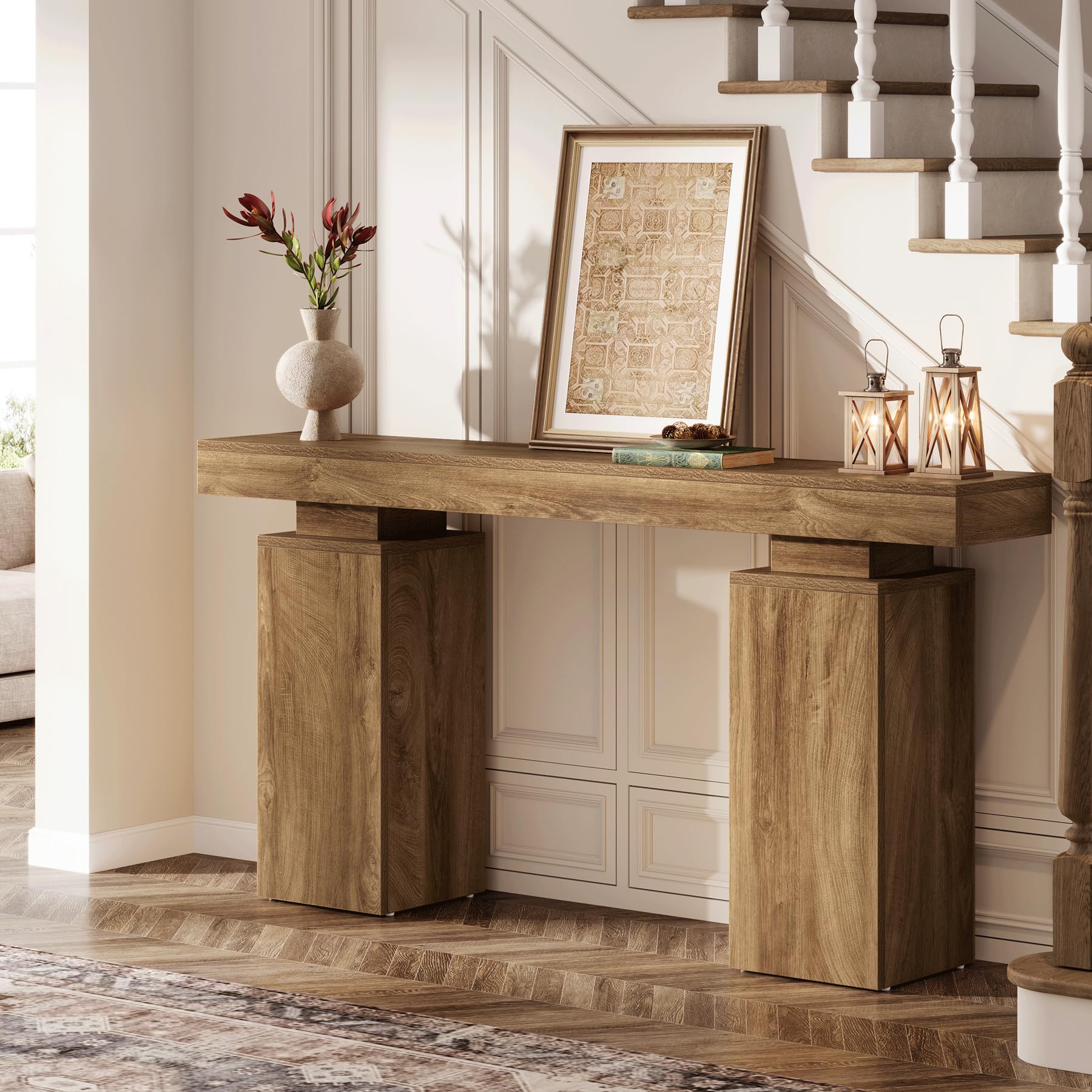 63-Inch Farmhouse Console Table - Natural Wood Finish