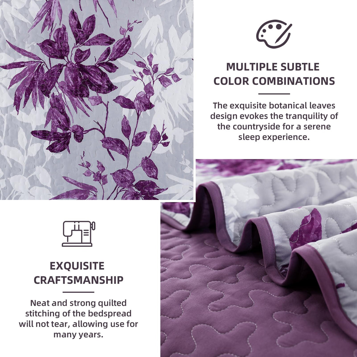 Floral Quilt Set Queen Size,3 Pieces Purple and White Summer Botanical